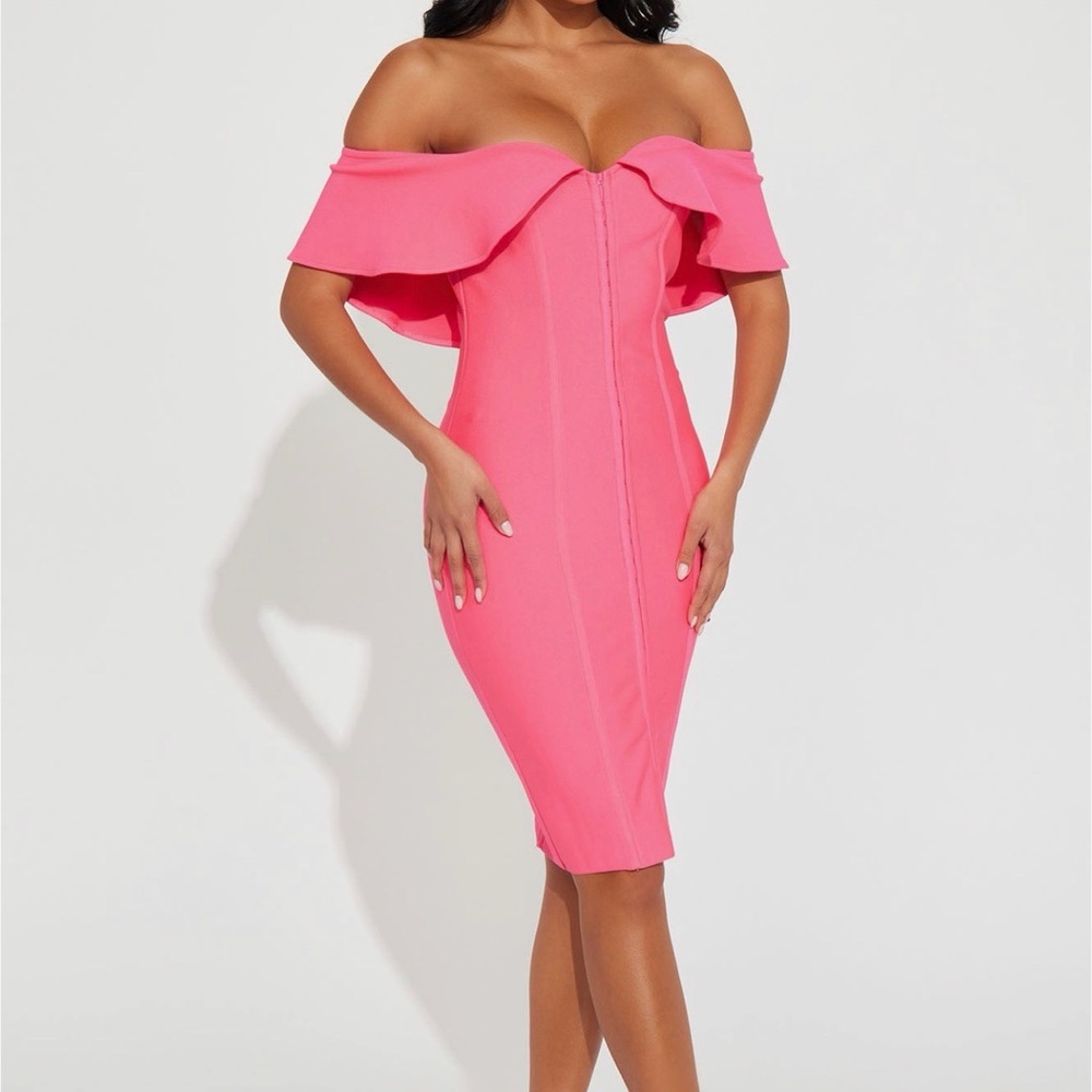 Fashion Nova Vibrant Pink Off-Shoulder Midi Dress